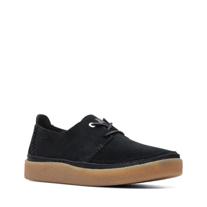 Black suede lace-up shoe with tan sole.