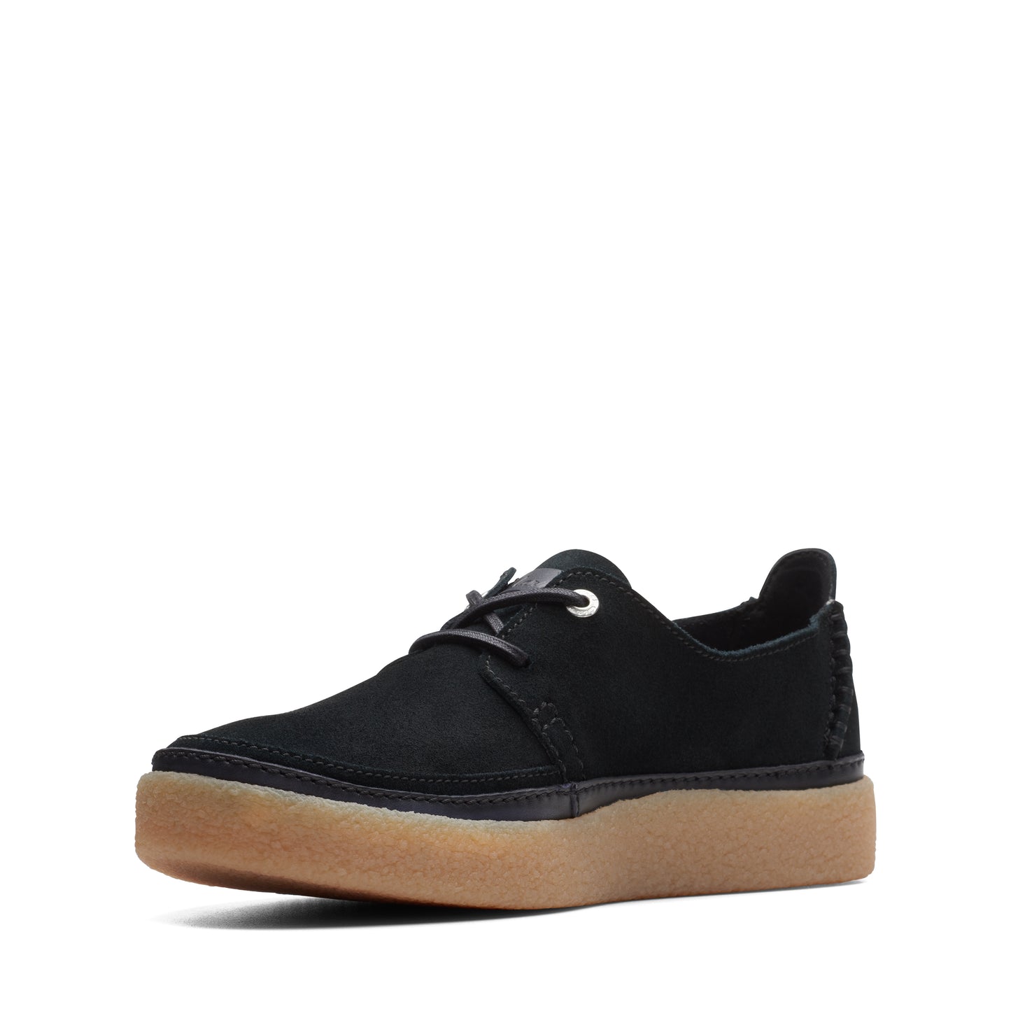Black, suede, low-profile shoe with brown rubber sole and black laces.