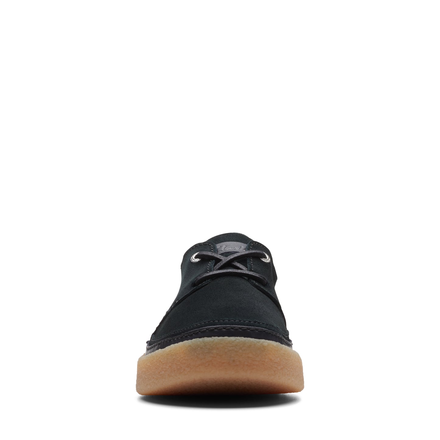 Black low-top nubuck leather shoe with gum sole and laces.