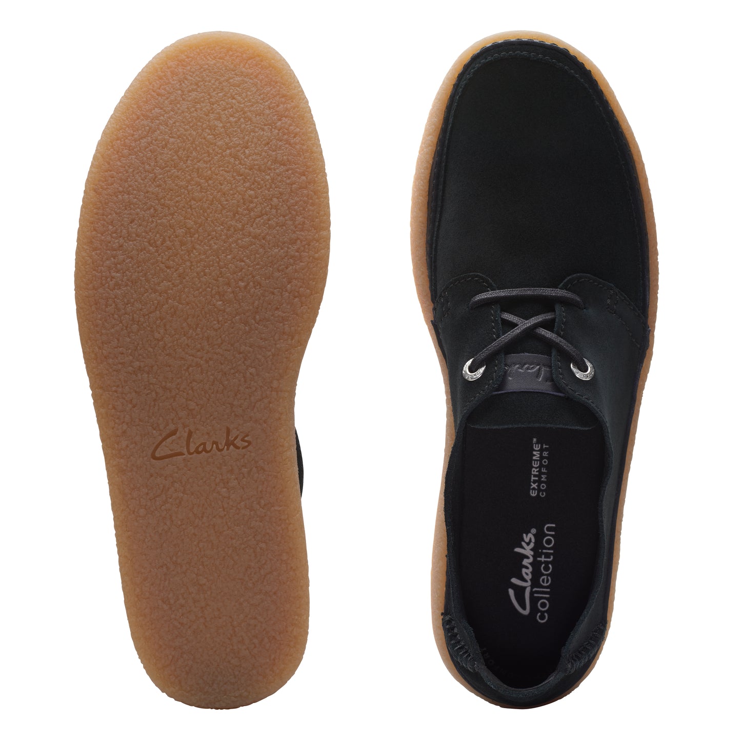 A pair of black casual shoes, one showing the brown sole with "Clarks" embossed on it, and the other showing the top with laces and interior with "EXTREME COMFORT COLLECTION" printed on it.