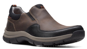 Brown slip-on shoe with black toe and dark sole.