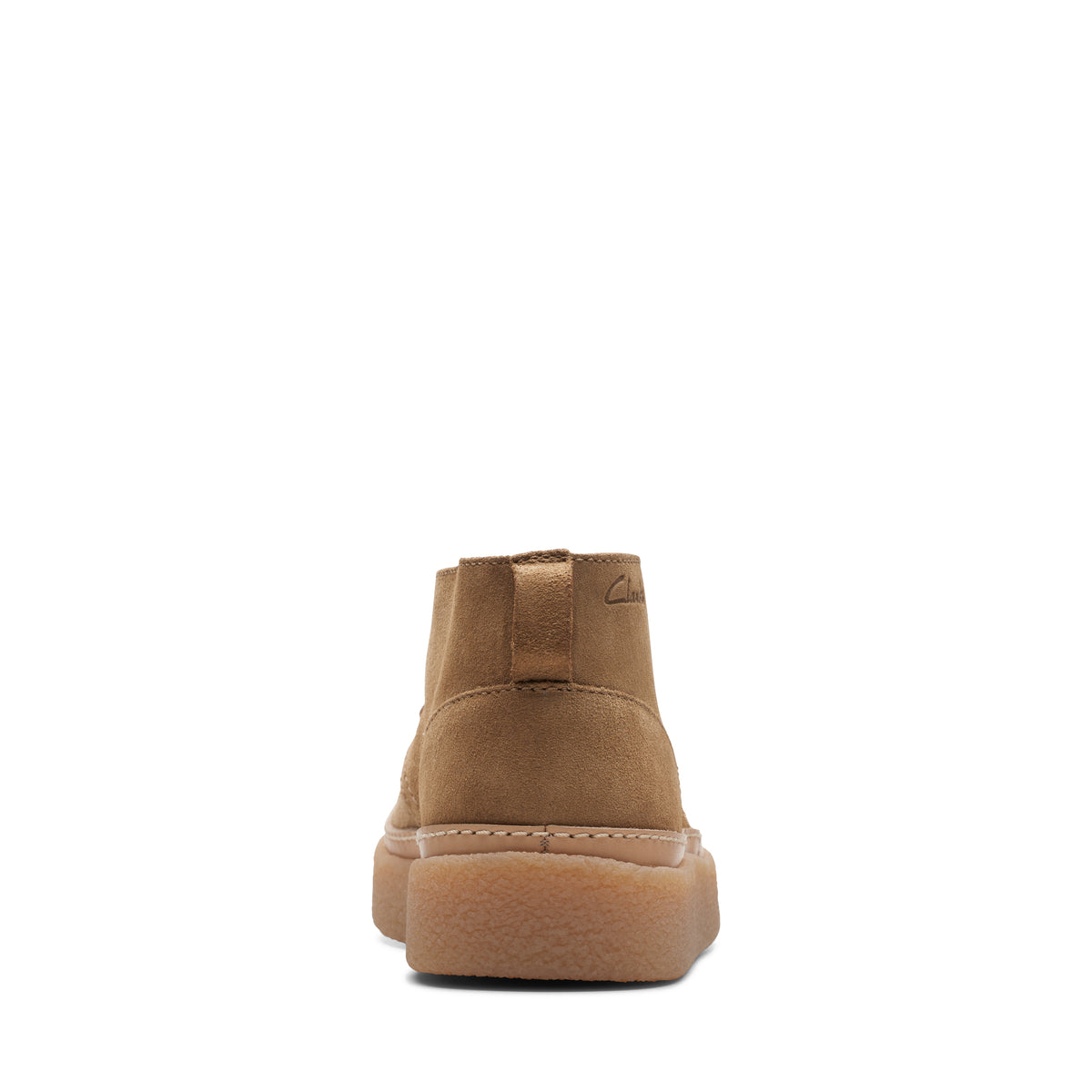 Low profile tan suede boot with round toe and flat sole, back view.