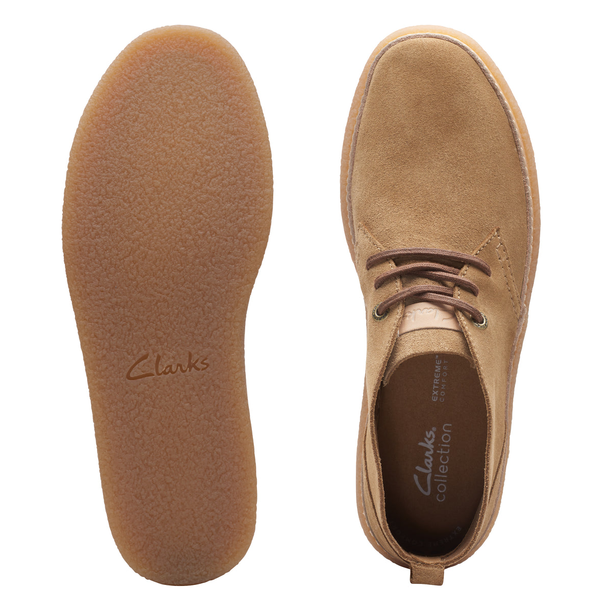 Pair of light-brown suede shoes with laces, one showing the sole with the word Clarks embossed, the other showing the top.