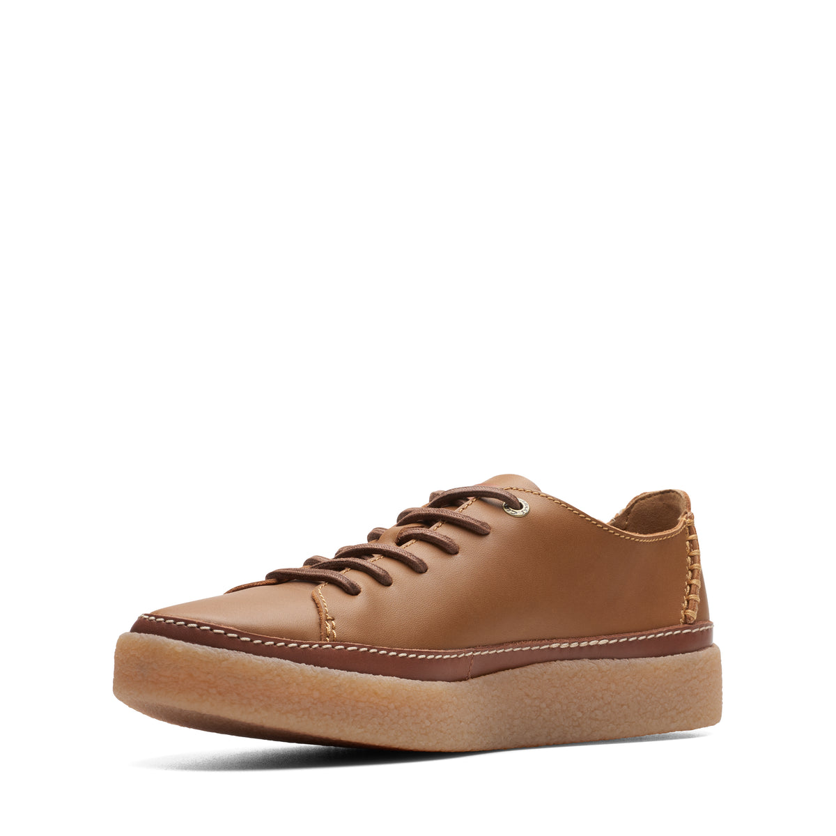 Tan leather shoe with matching laces and sole, plus white stitching.