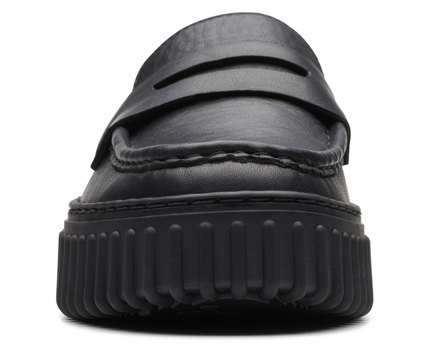 Front view of a black leather penny loafer with a thick, ridged platform sole.