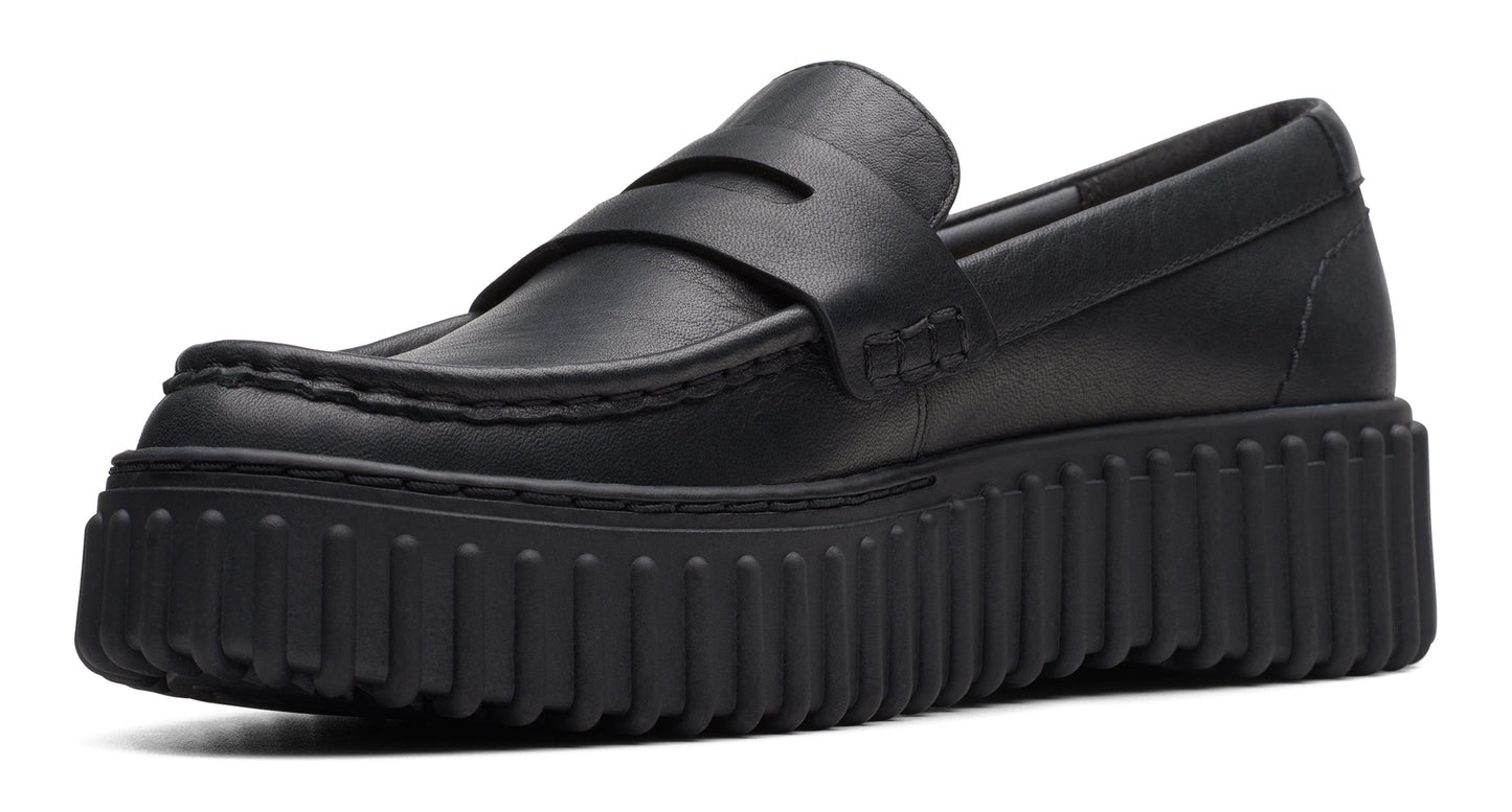Black leather loafer with a thick, ridged platform sole.