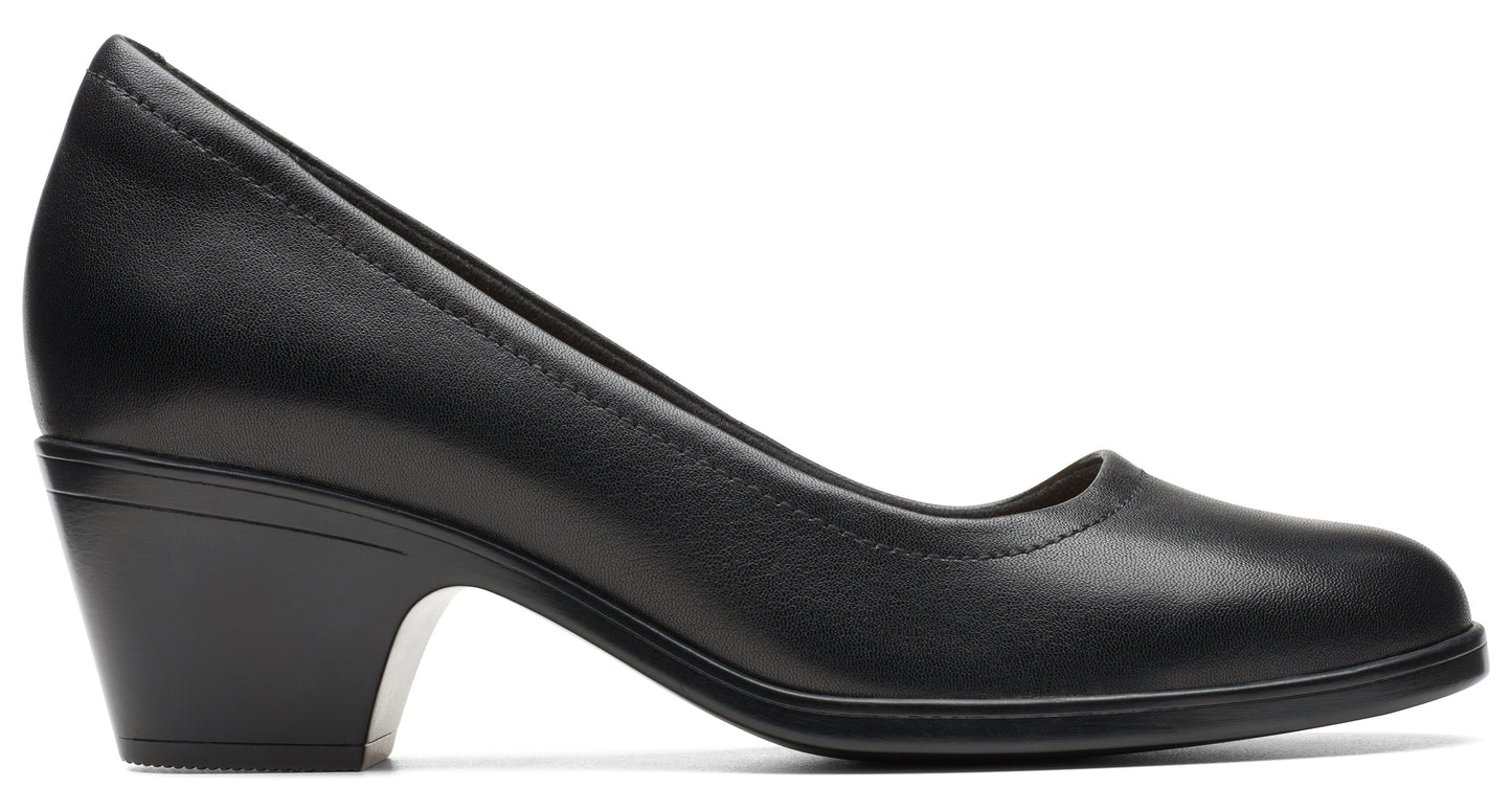 Black leather women's dress pump with a rounded toe and a chunky heel.