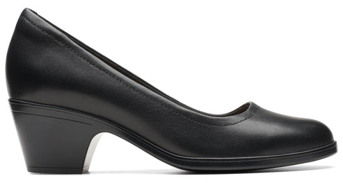 Black leather women's dress pump with a rounded toe and a chunky heel.