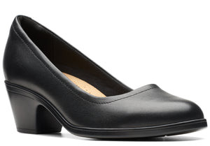 Black leather pump with a rounded toe and block heel.
