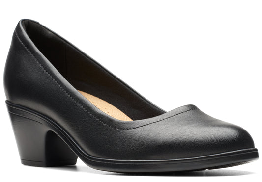 Black leather pump with a rounded toe and block heel.