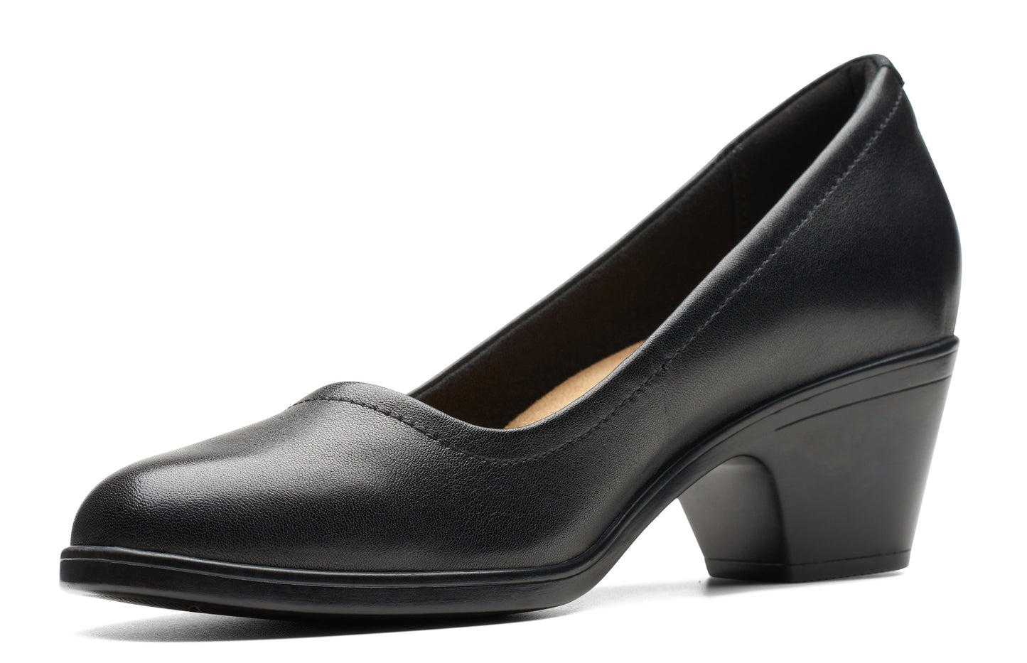 Black leather heel pump with a rounded toe and a mid-height block heel.