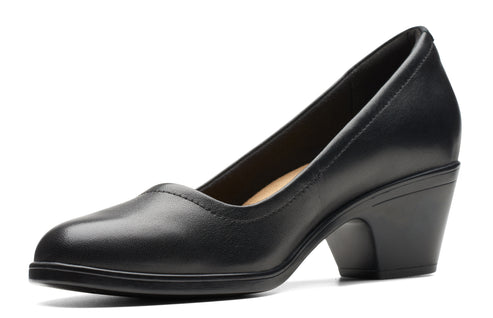 Black leather heel pump with a rounded toe and a mid-height block heel.