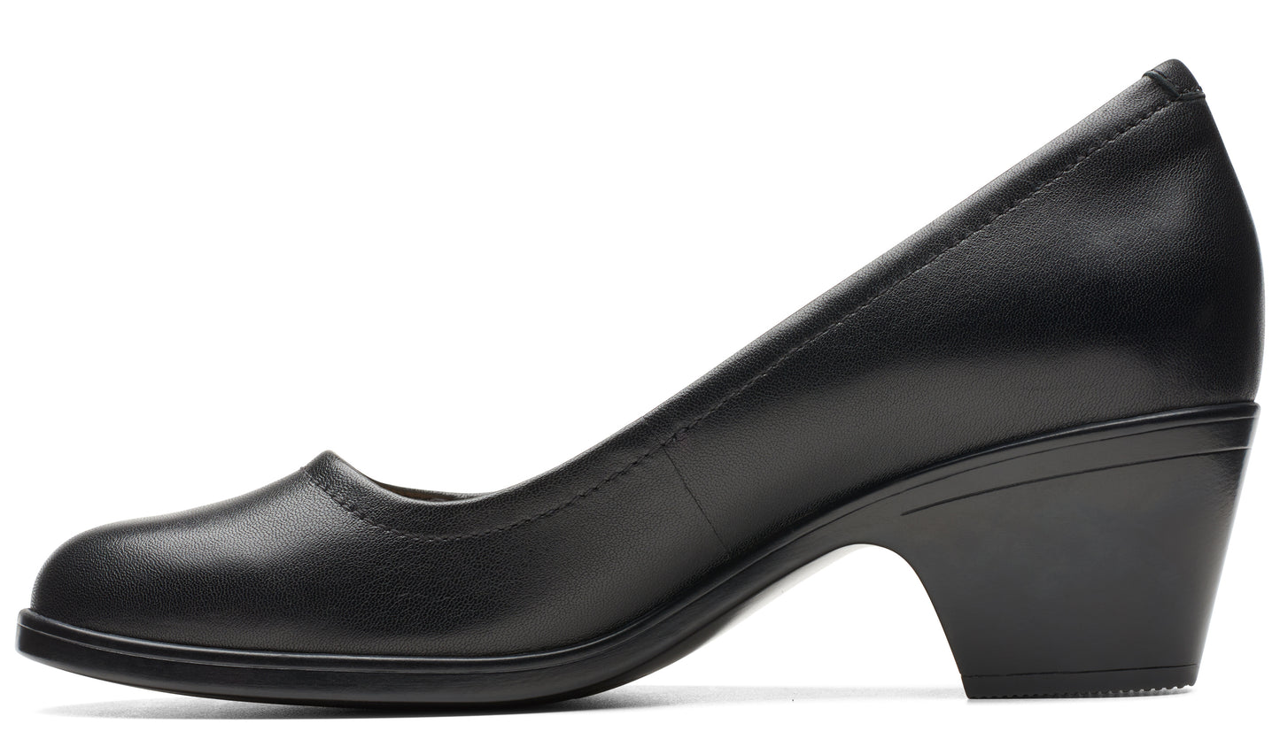 Black leather pump shoe with a rounded toe and a low block heel.