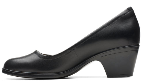 Black leather pump shoe with a rounded toe and a low block heel.