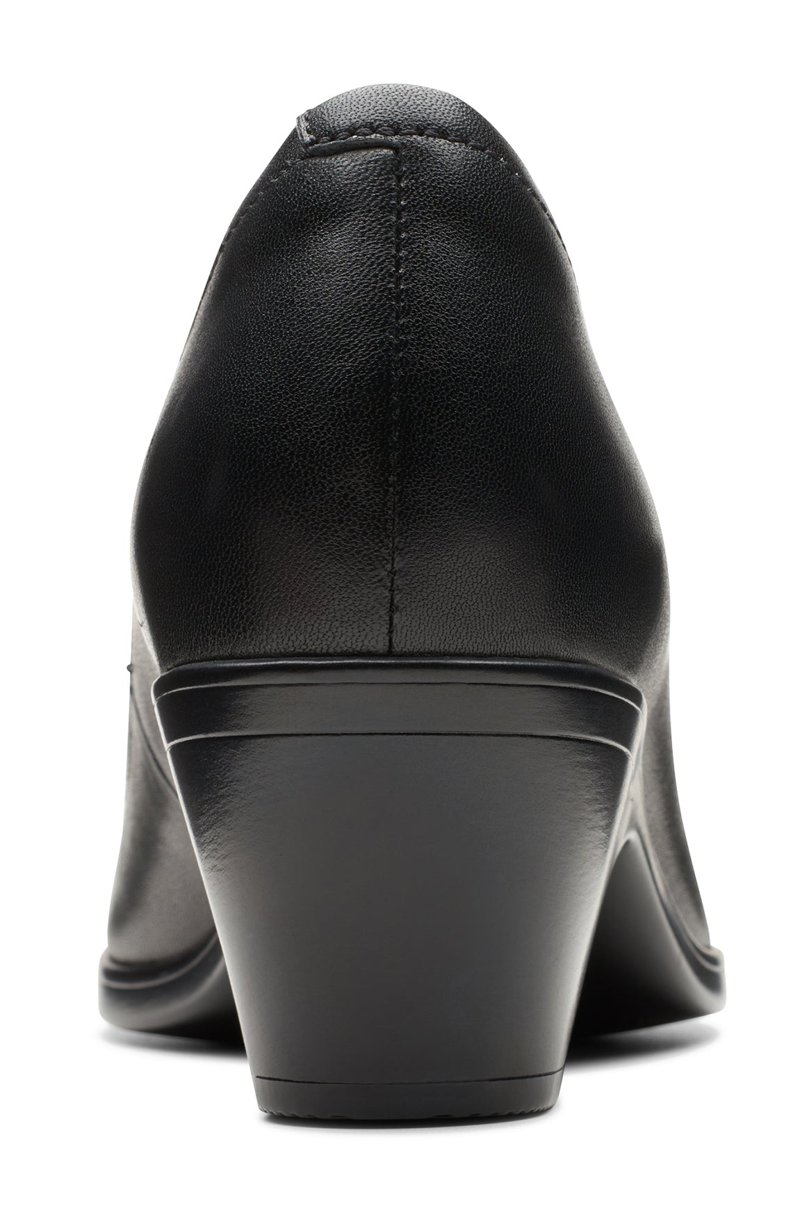 Rear view of a black leather women's dress shoe with a moderate heel.