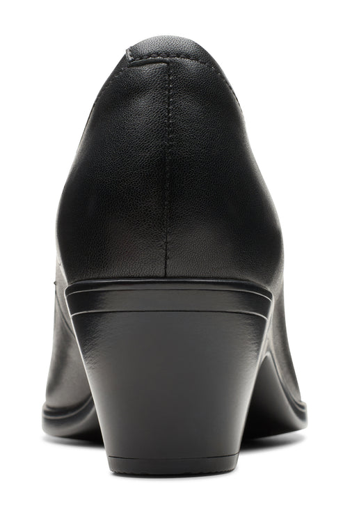 Rear view of a black leather women's dress shoe with a moderate heel.