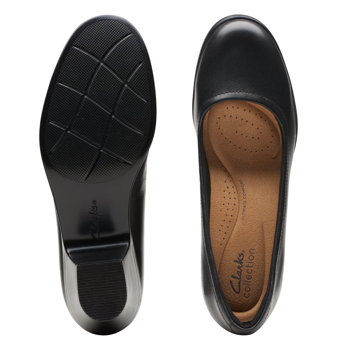 Black dress shoes showing sole and insole with “Clarks collection” text.