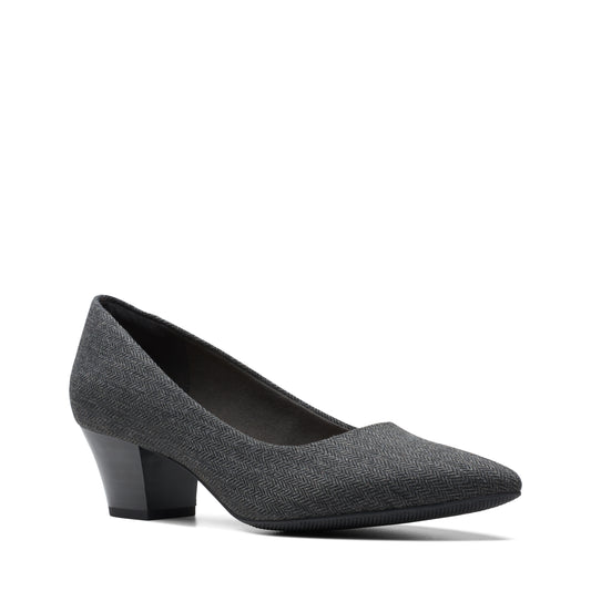 Gray low heel pump with a pointed toe