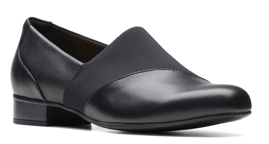 Black leather slip-on dress shoe with a wide elastic strap.