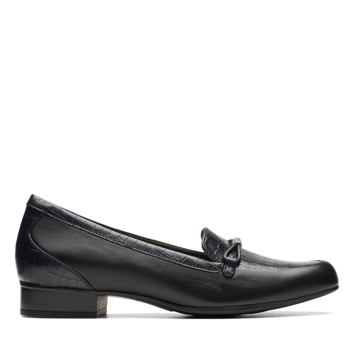 Black leather loafer with faux crocodile skin texture and a chain embellishment.