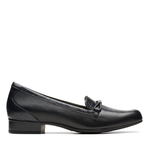 Black leather loafer with faux crocodile skin texture and a chain embellishment.