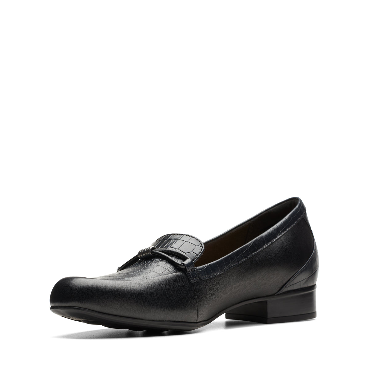 A low-heel, black loafer with a slight texture on the upper portion of the shoe.