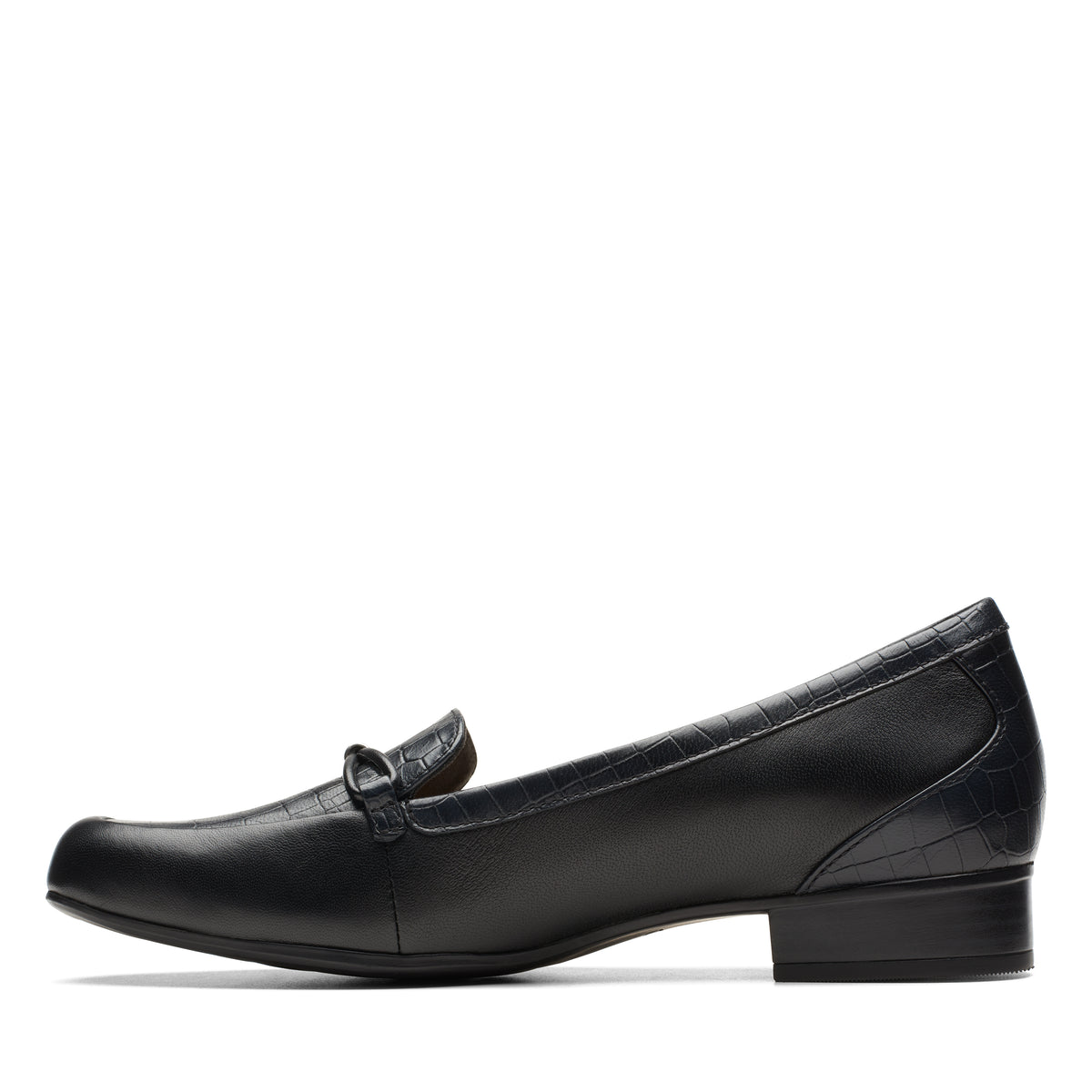 Black leather low heel loafer with a square toe.