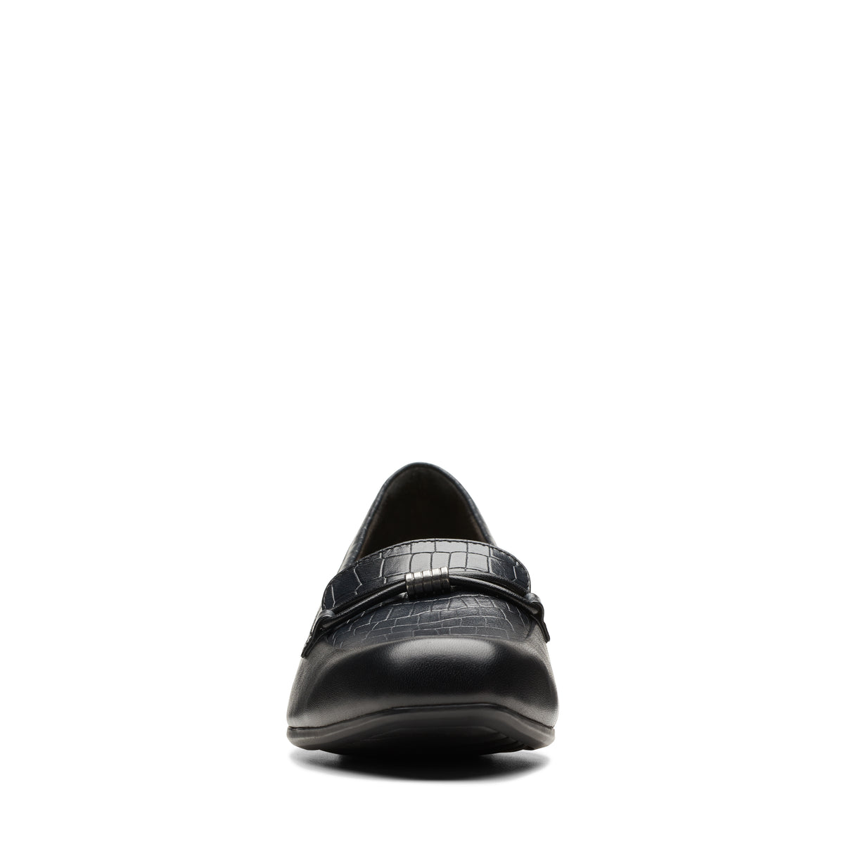 Close-up of a black leather slip-on loafer-style shoe with a faux reptile decorative strap.
