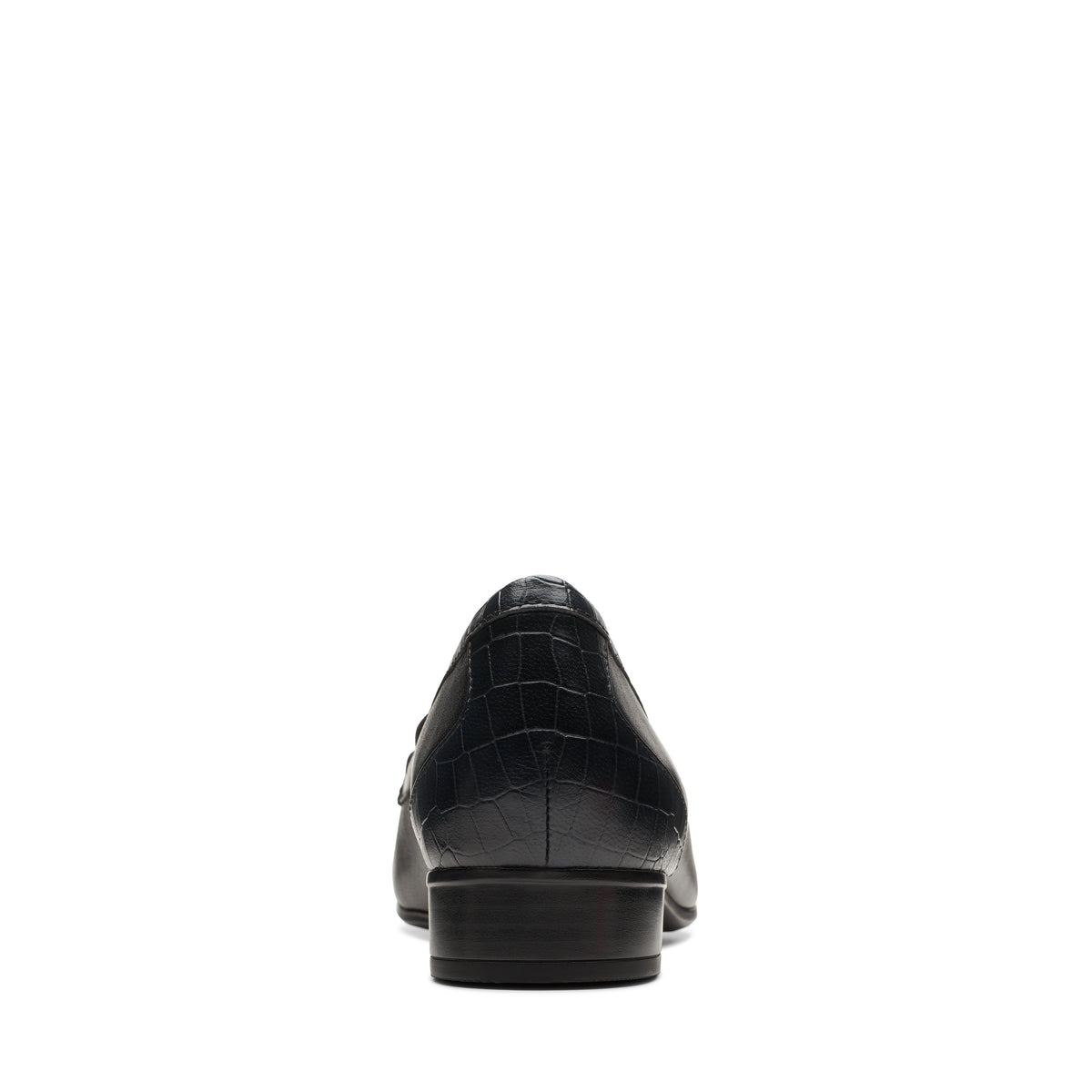 Black leather flats with a textured heel.