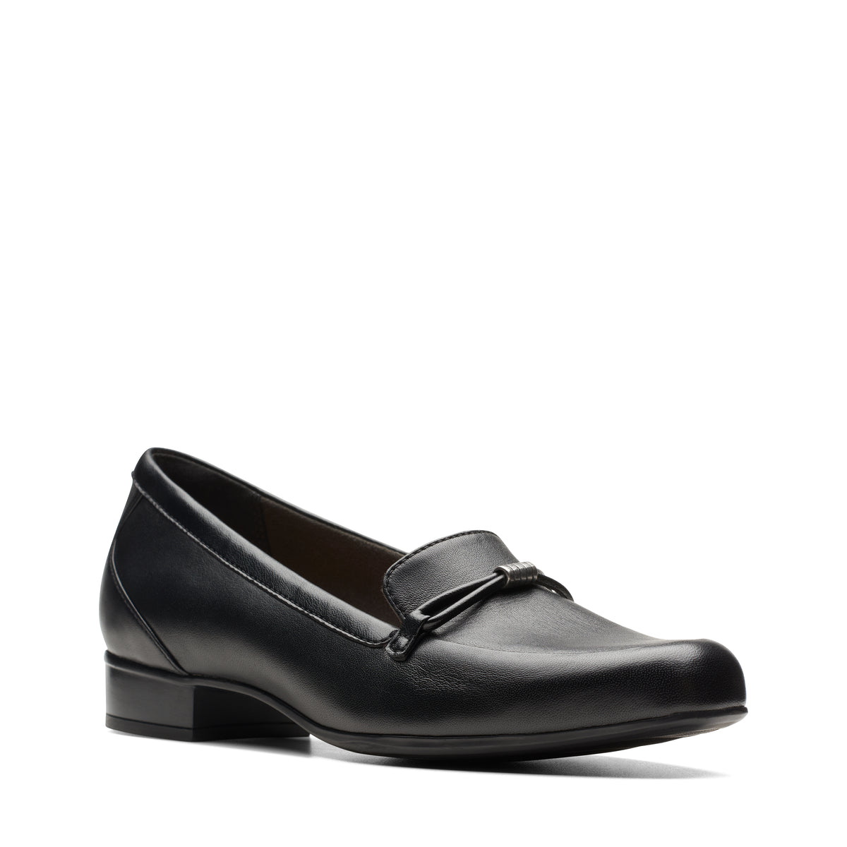Black leather loafer with a small block heel and decorative metallic hardware.