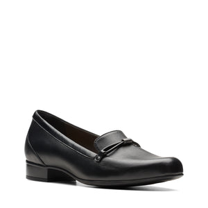 Black leather loafer with a small block heel and decorative metallic hardware.