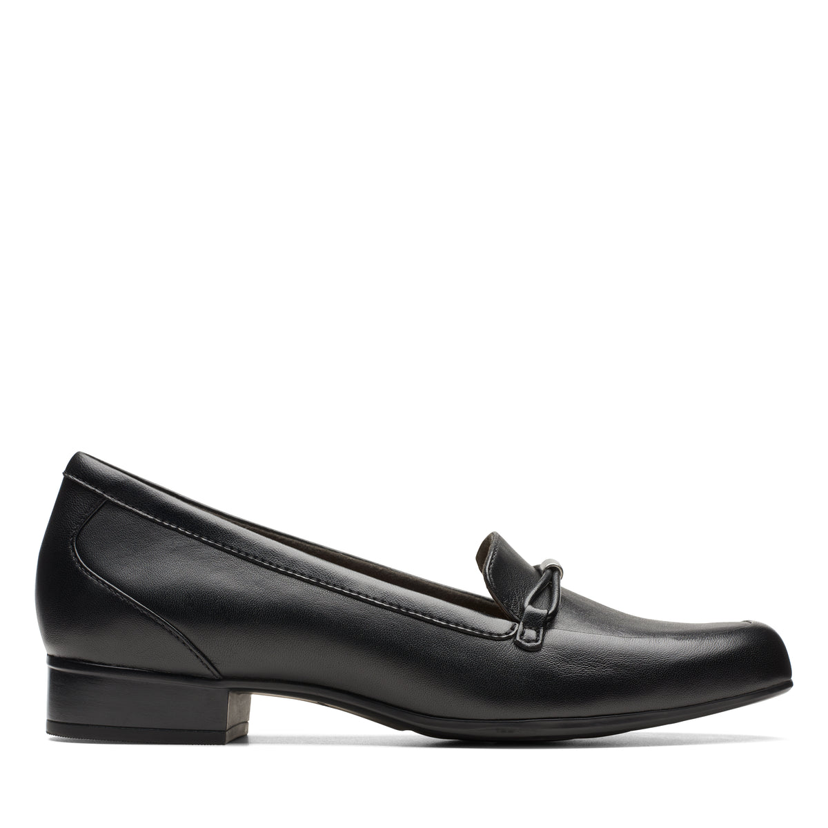 Black leather penny loafer with a low heel.