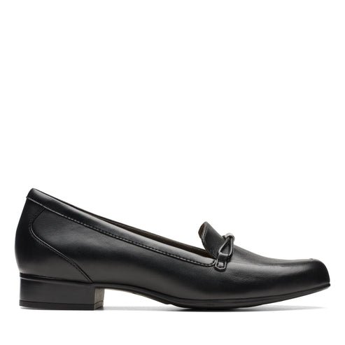 Black leather penny loafer with a low heel.