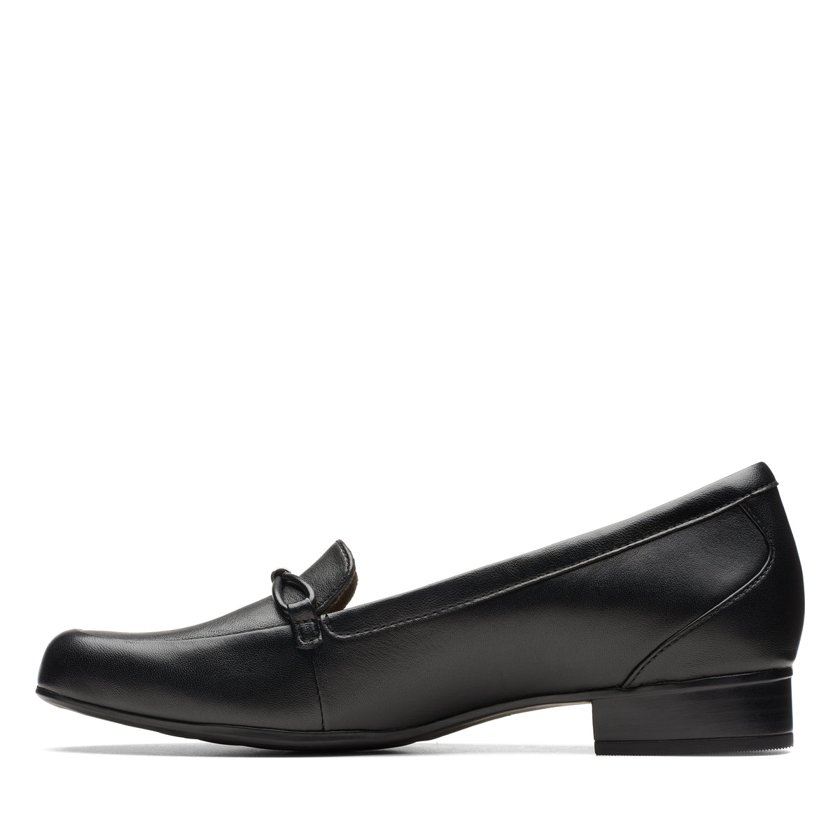 Black leather, low-heeled loafer with a square toe and a decorative strap on the vamp.