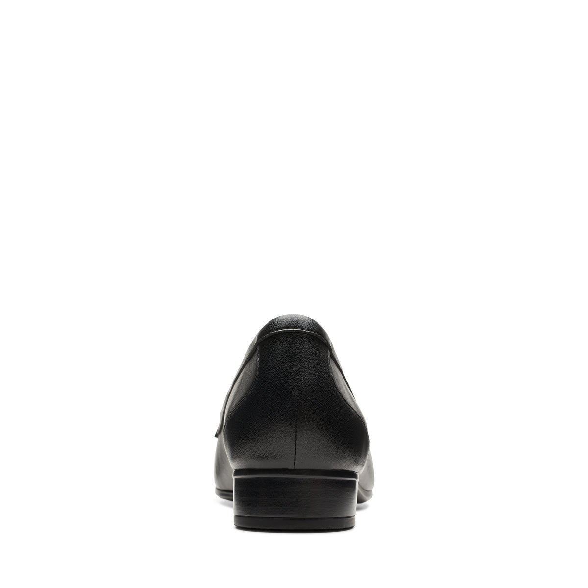 Rear view of a shiny black leather flat shoe with a small heel.