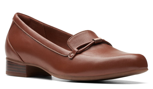 Brown leather women's loafer with a small heel and a bow detail on the upper.