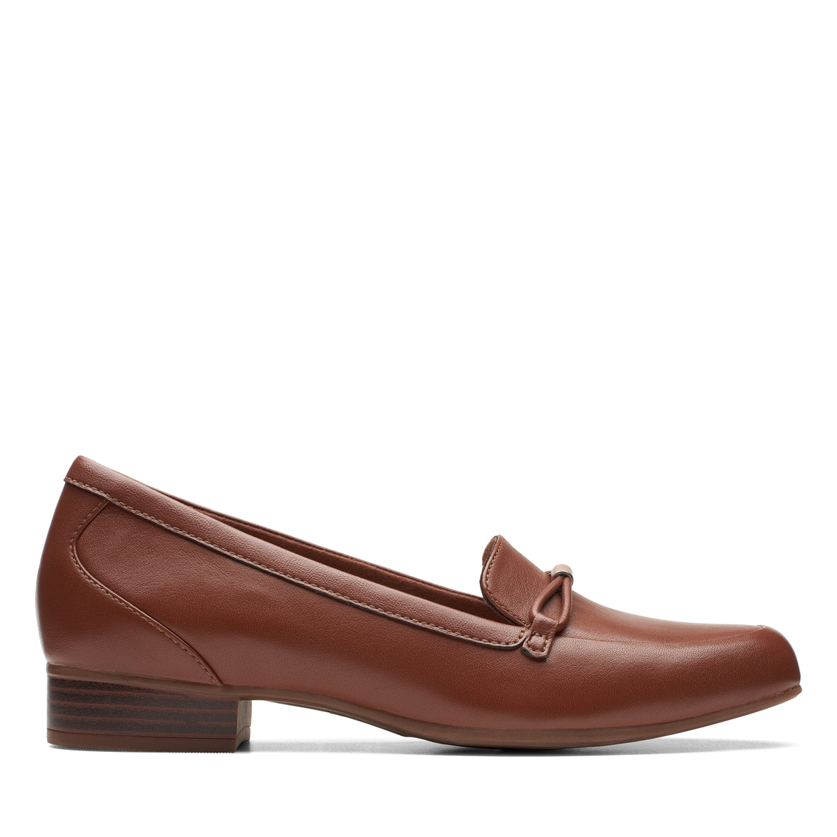 Brown leather loafer with a small heel and a decorative bow.