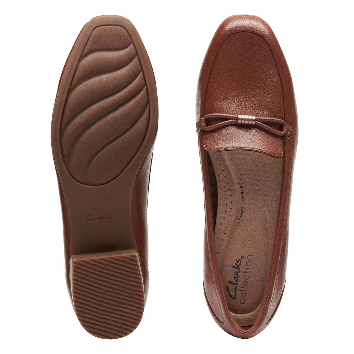 Pair of brown leather loafers, top and bottom views; one shoe has a bow decoration and visible insole with "Clarks collection ULTIMATE COMFORT" text.