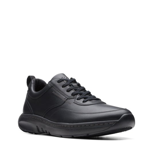 Black leather shoe with black shoelaces and a thick black sole.