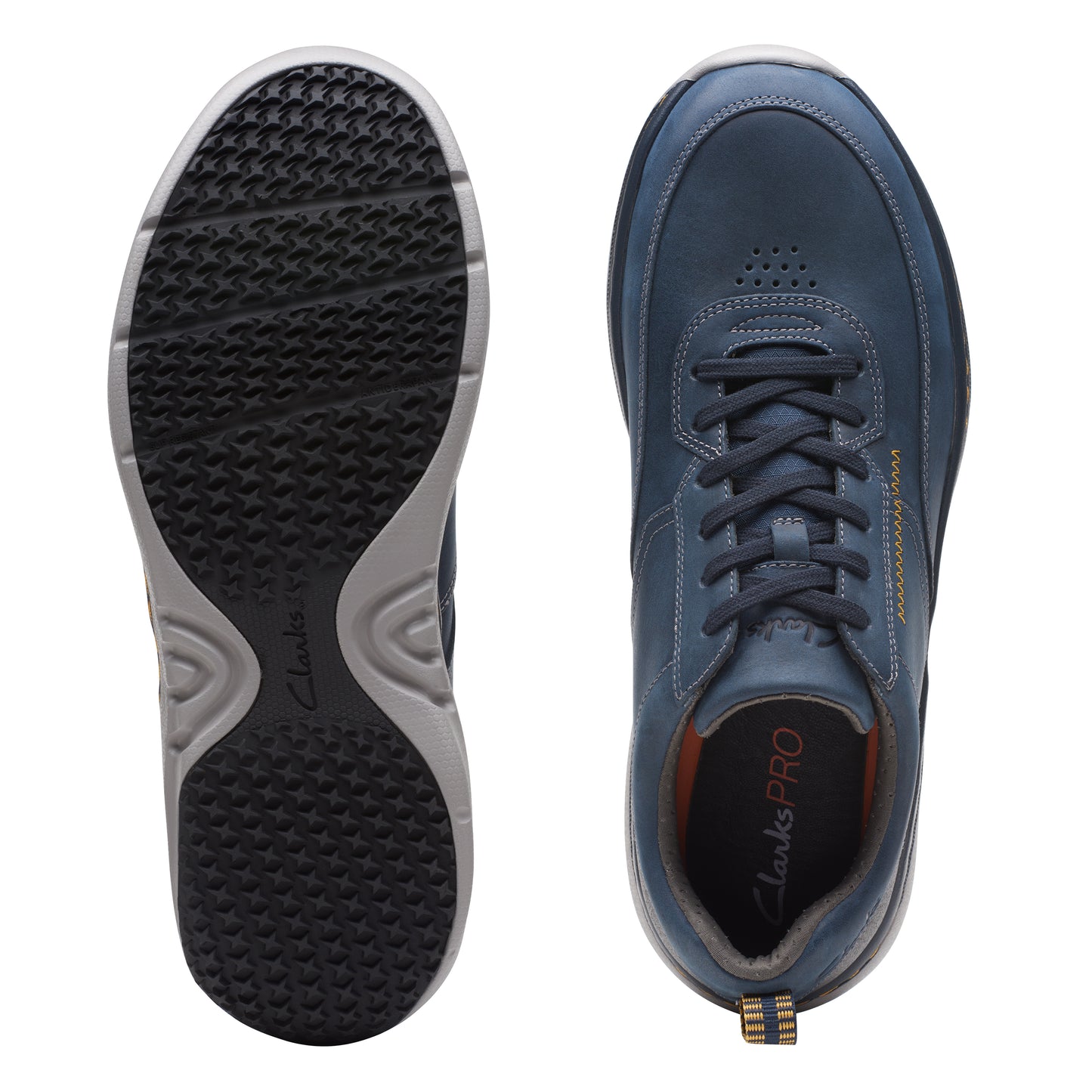 Top view of blue walking shoes with slip-resistant outsoles.