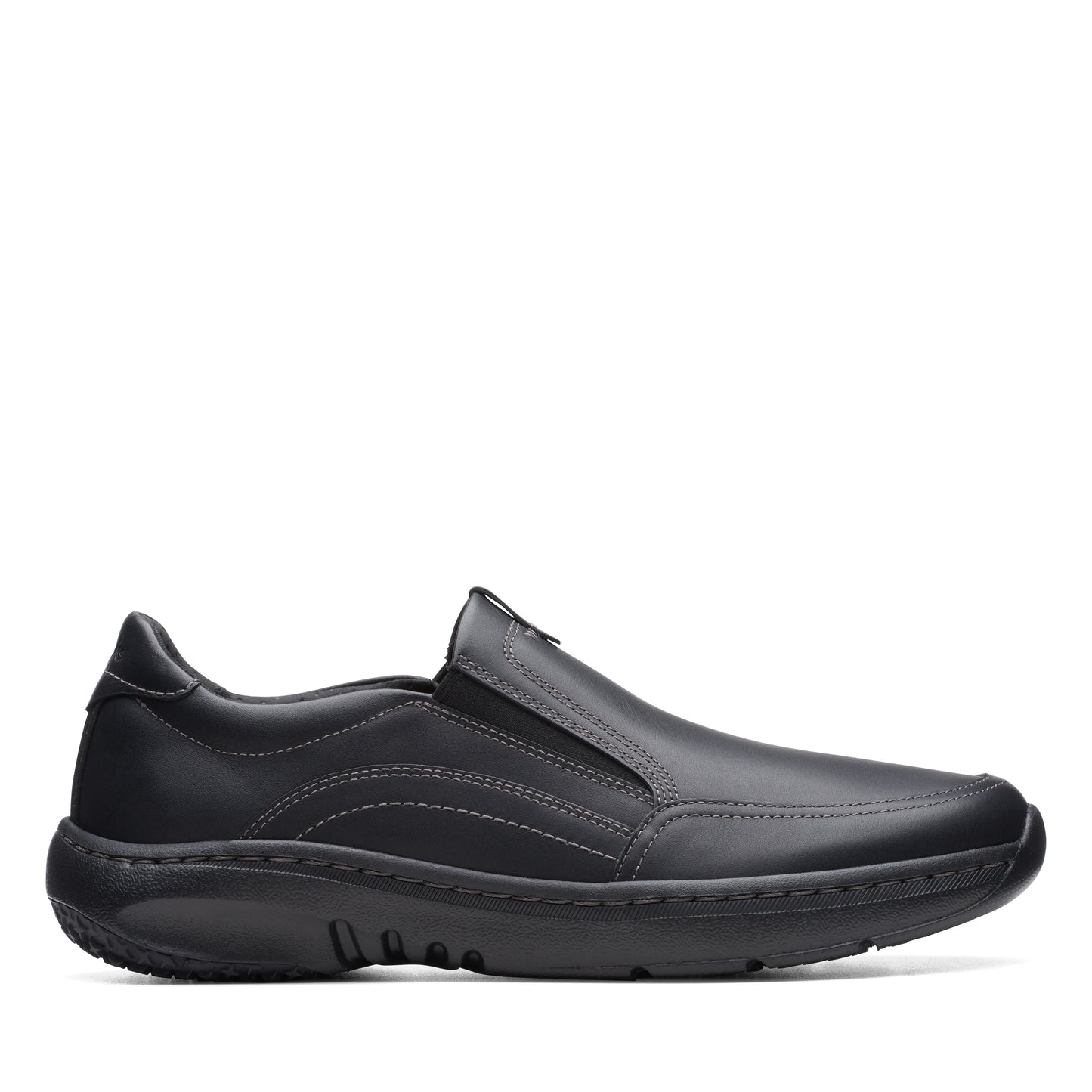 Black leather slip-on dress shoe.