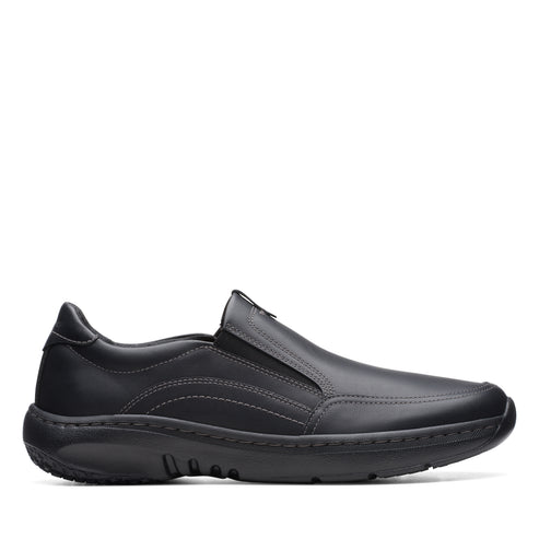 Black leather slip-on dress shoe.