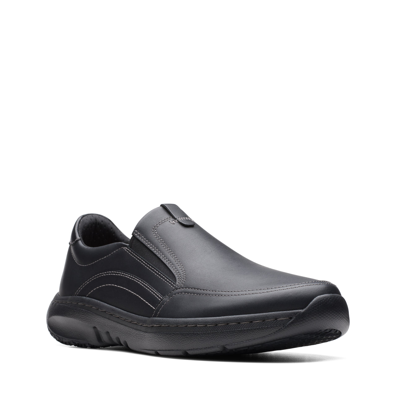 A black leather slip-on shoe with a rounded toe and a thick, textured sole.