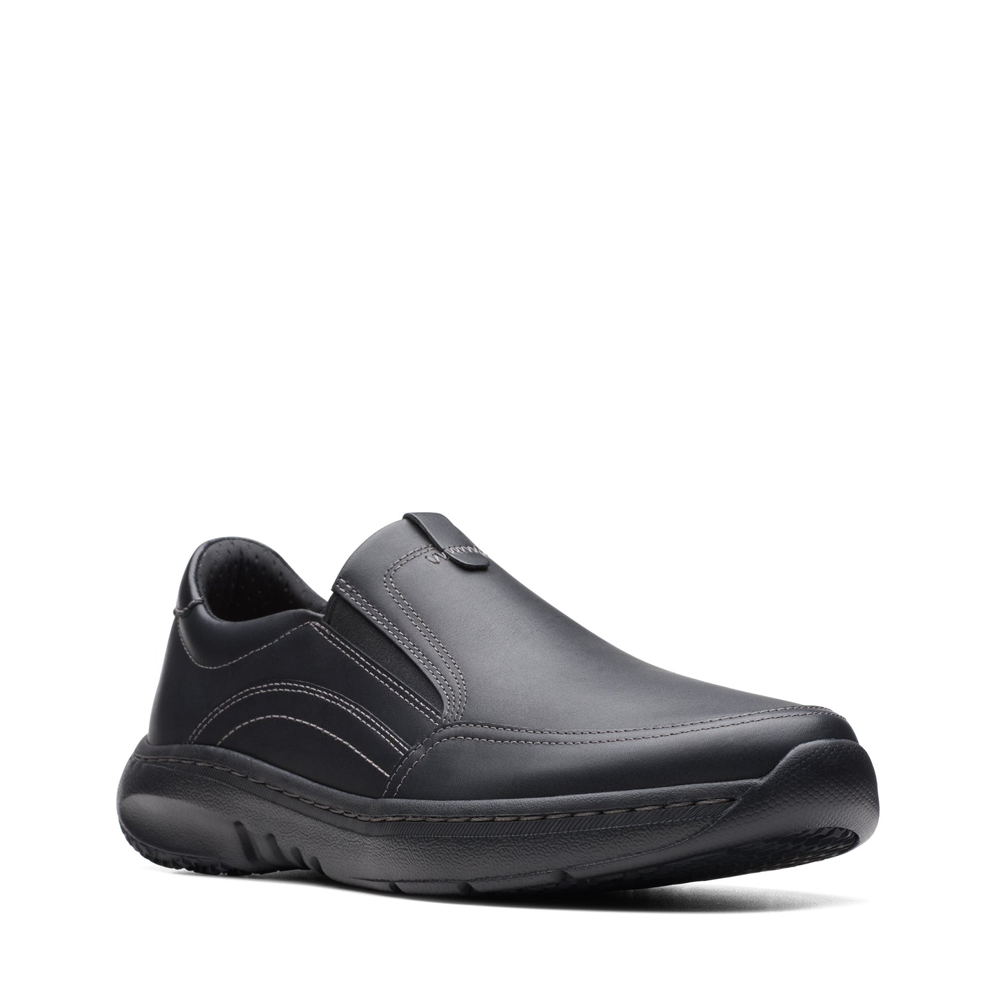 A black leather slip-on shoe with a rounded toe and a thick, textured sole.