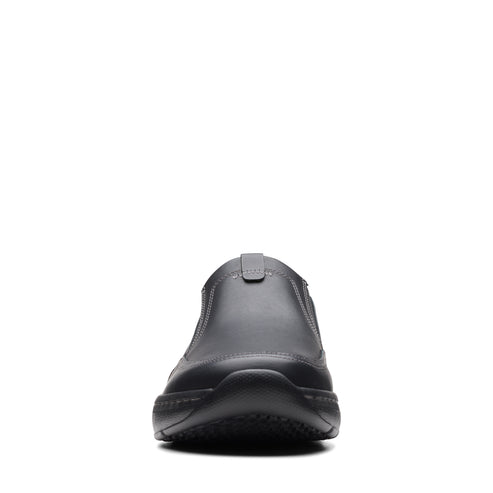 Black slip-on loafer with a rounded toe and elastic side panels.