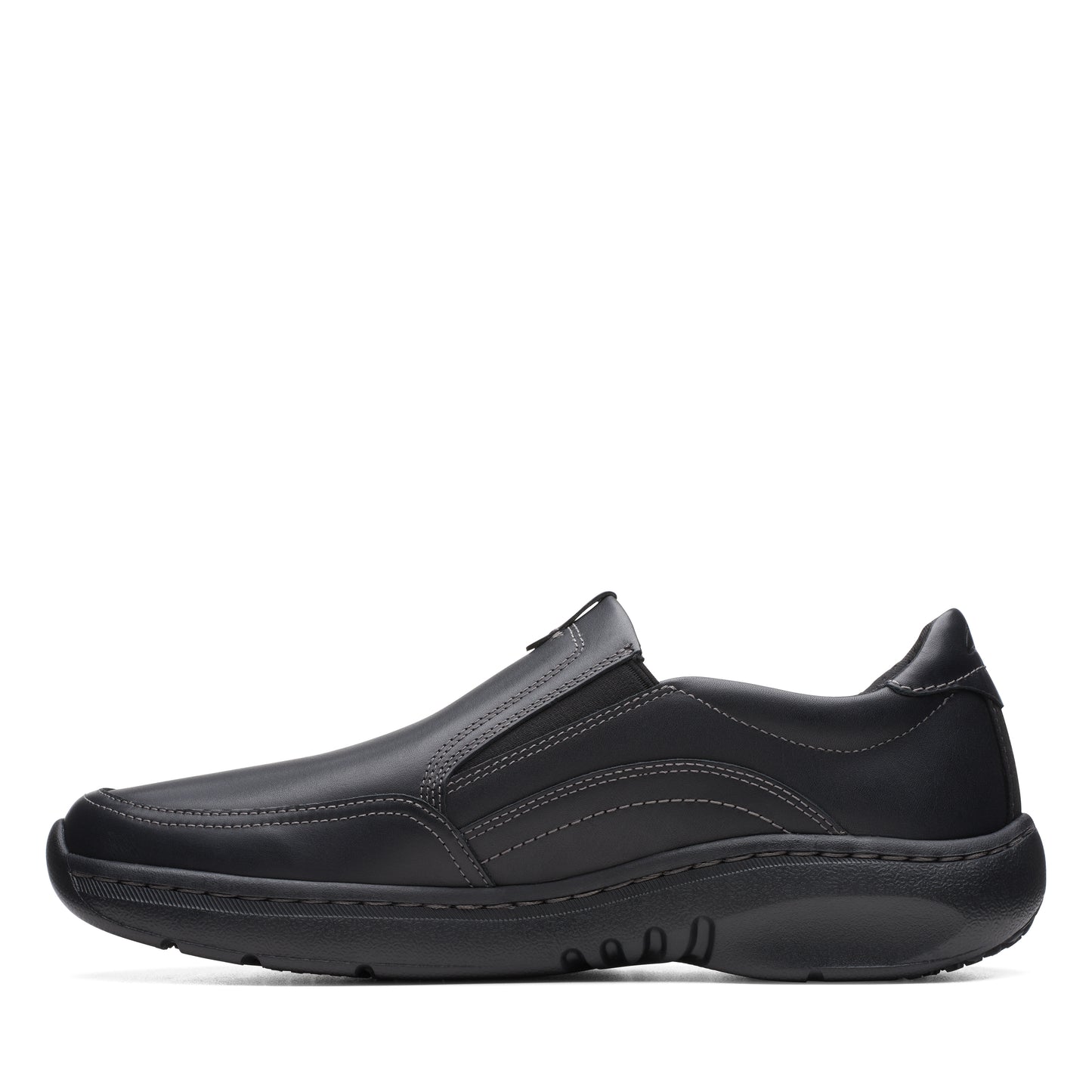 Black slip-on dress shoe with rounded toe and subtle stitching details.