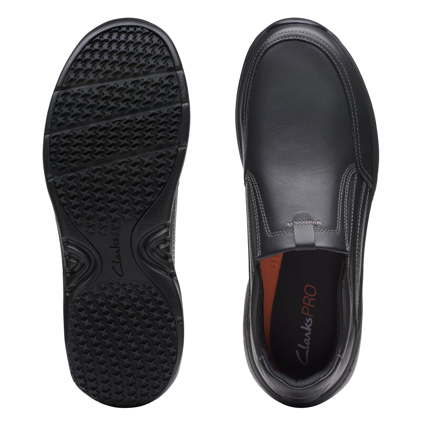 Pair of black leather slip-on shoes, one showing the bottom with a treaded sole, the other showing the top and the interior with the text "Clarks PRO".