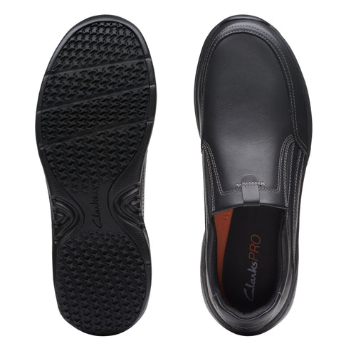 Pair of black leather slip-on shoes, one showing the bottom with a treaded sole, the other showing the top and the interior with the text "Clarks PRO".