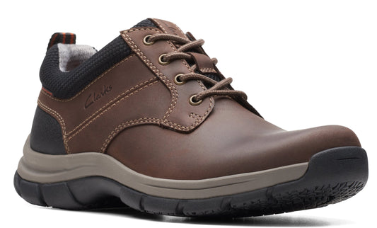 Brown leather shoe with black accents, laced, with gray and black sole.