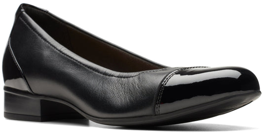 Black leather low-heeled pump with a patent leather toe.